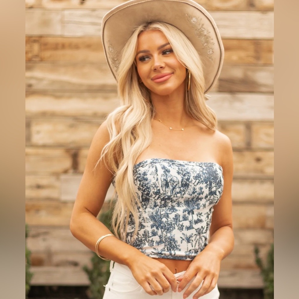 Navy Floral Print Strapless Lace Up Corset Top